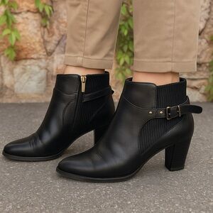 ANYI LU Black Leather Block Heel Ankle Boots, 39